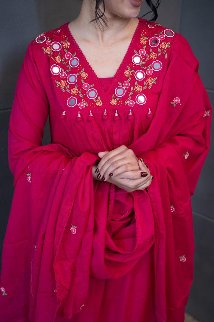 Gulnaar Pink Cotton Anarkali Kurti Pant Dupatta Set