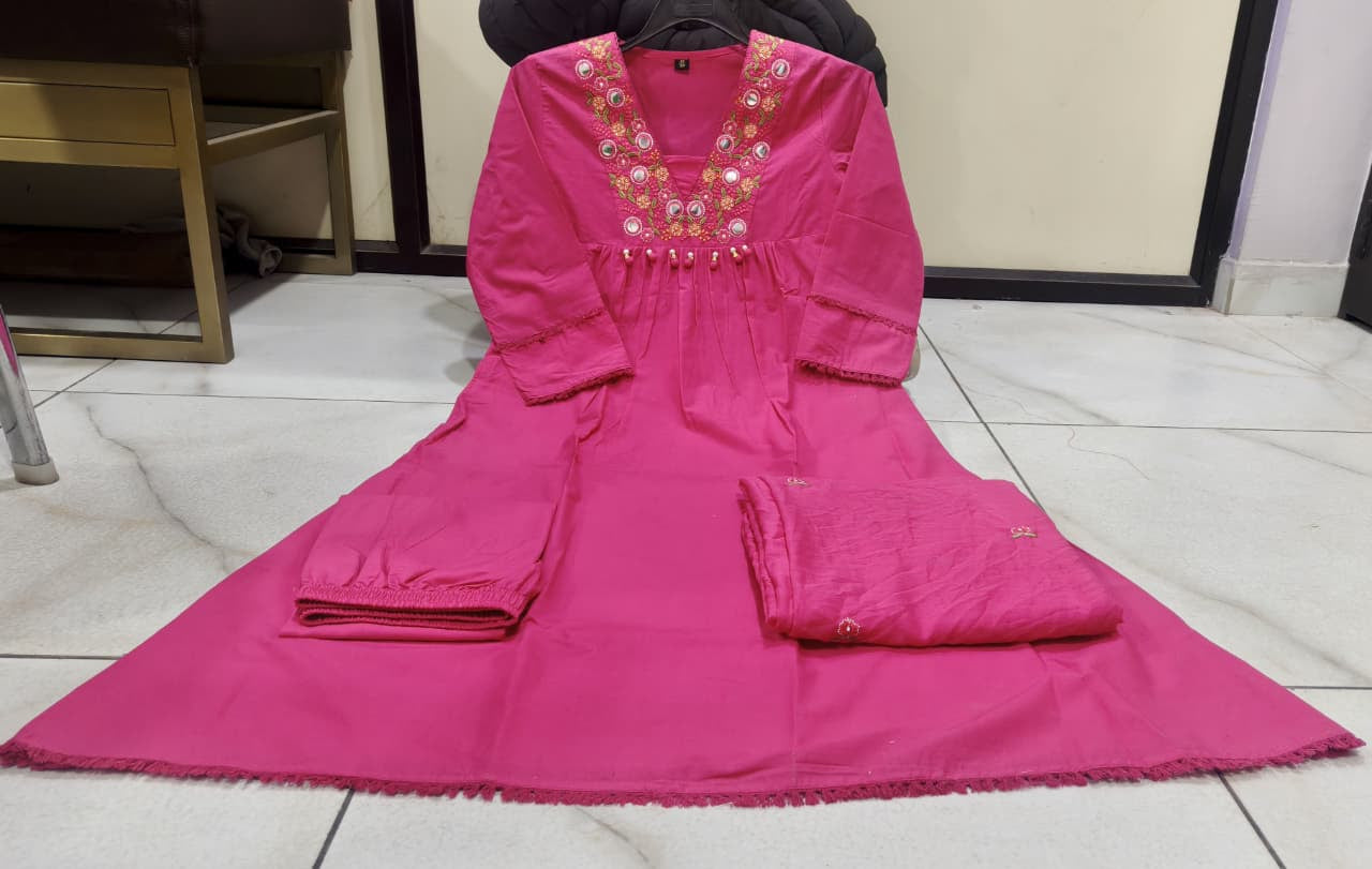 Gulnaar Pink Cotton Anarkali Kurti Pant Dupatta Set