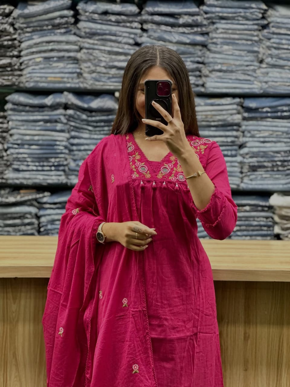 Gulnaar Pink Cotton Anarkali Kurti Pant Dupatta Set