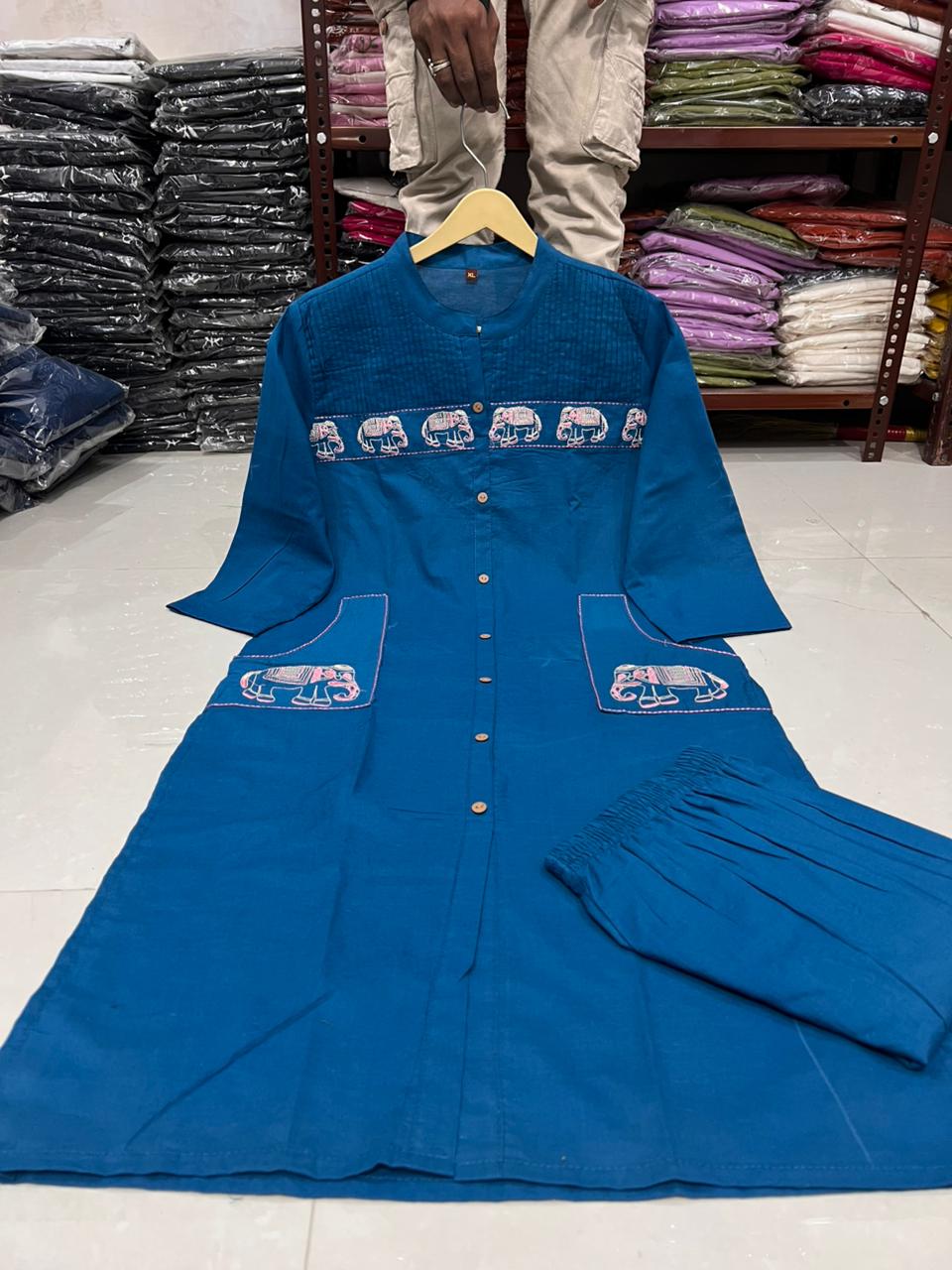 Karmika Blue Cotton Embroidered Kurti Pant Set