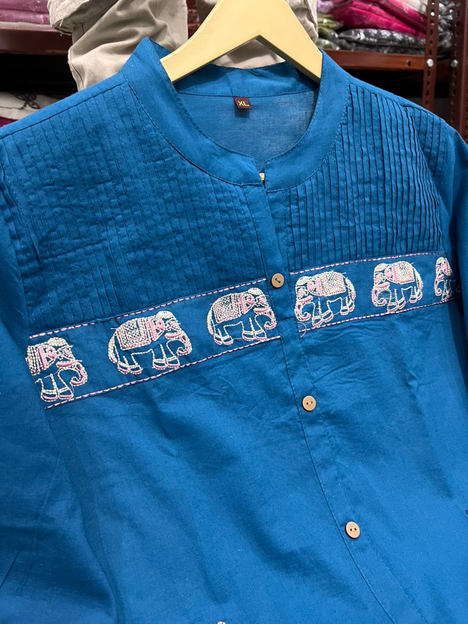 Karmika Blue Cotton Embroidered Kurti Pant Set