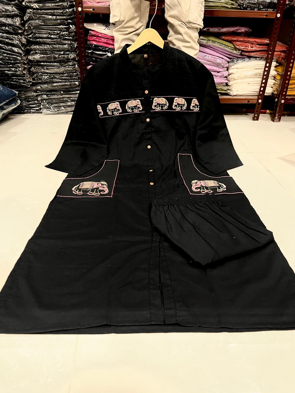 Karmika Black Cotton Embroidered Kurti Pant Set