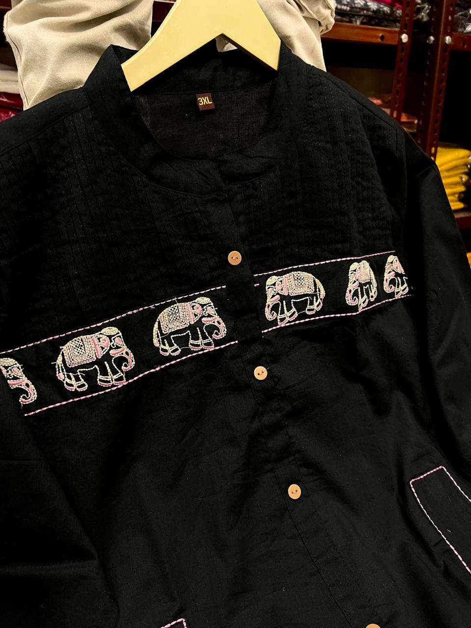 Karmika Black Cotton Embroidered Kurti Pant Set