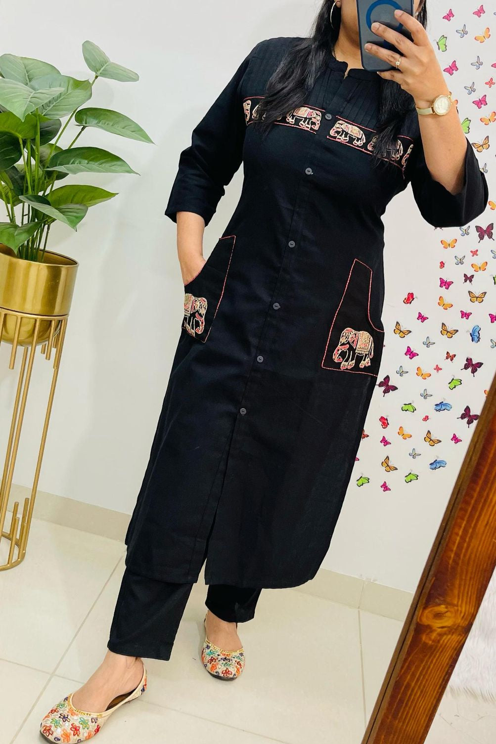 Karmika Black Cotton Embroidered Kurti Pant Set