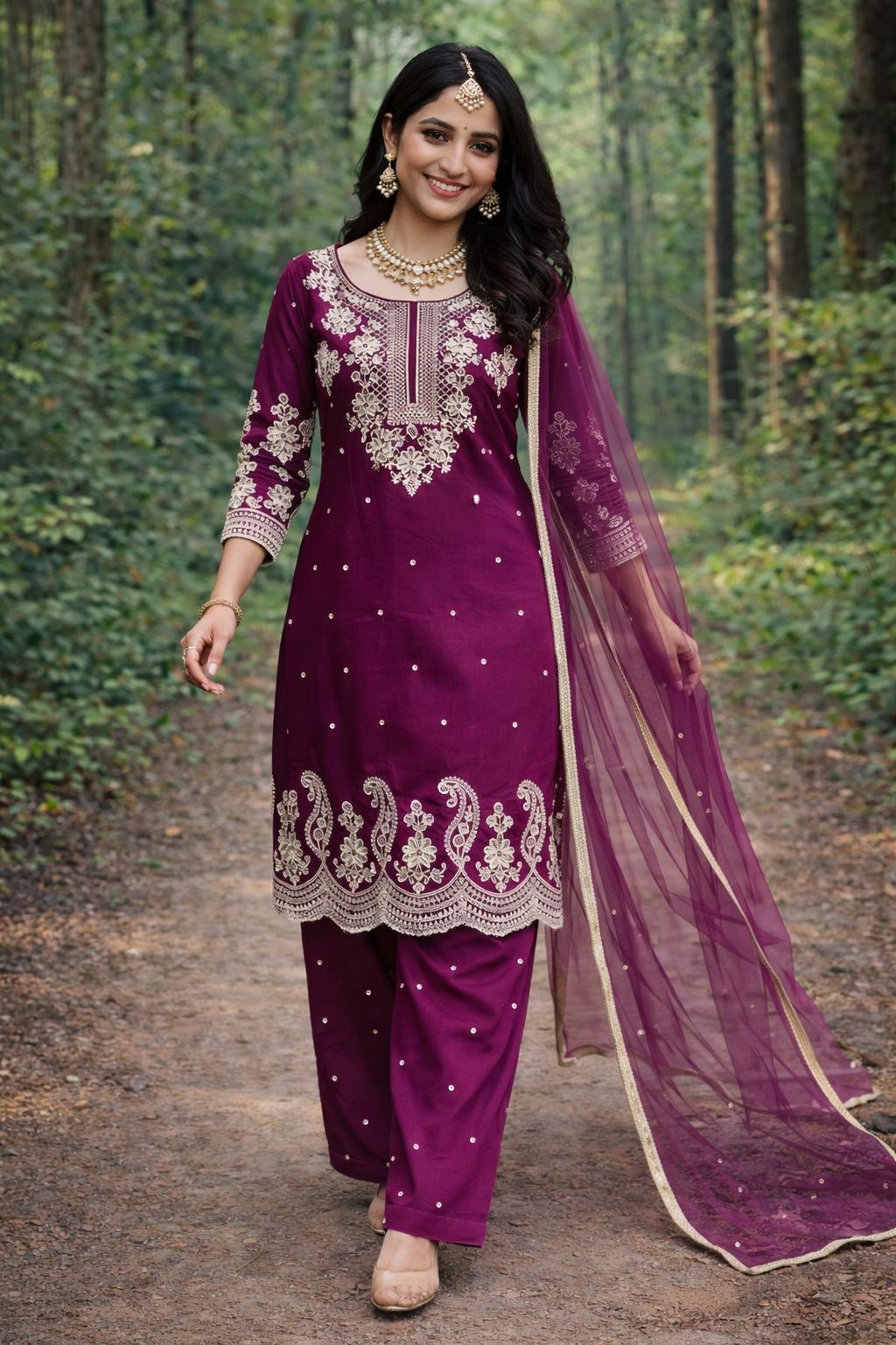 Wine Vamika GMY Silk Embroidered Plazzo Dupatta Set