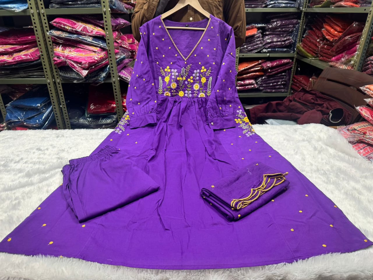 Zariya Purple Embroidered Anarkali Cotton Suit Set