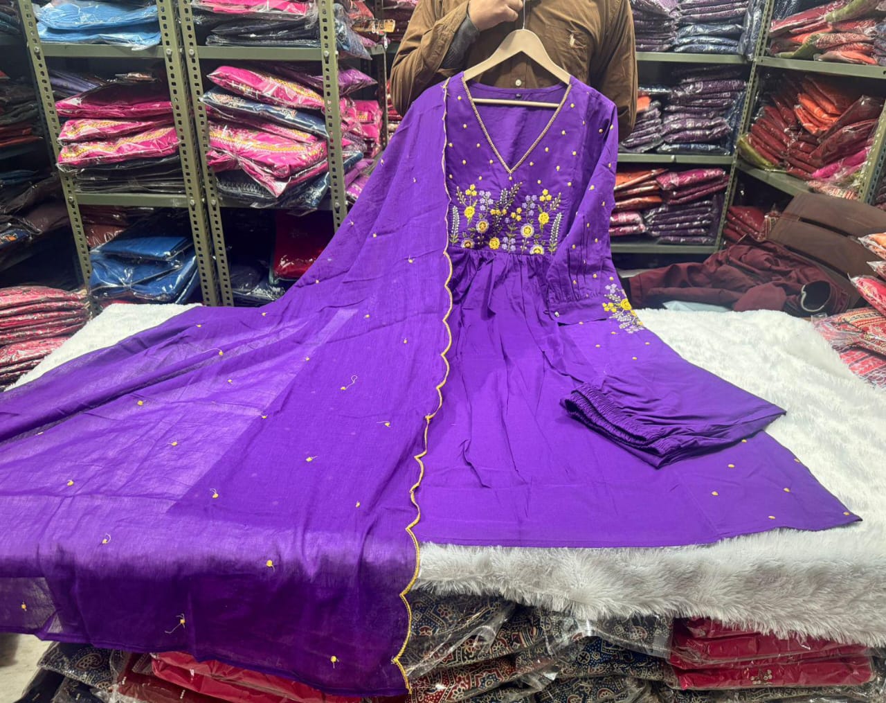 Zariya Purple Embroidered Anarkali Cotton Suit Set