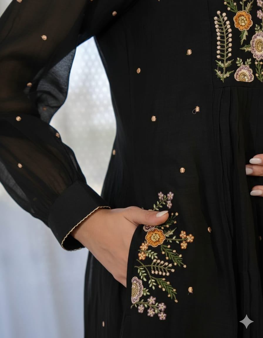 Zariya Black Embroidered Anarkali Cotton Suit Set
