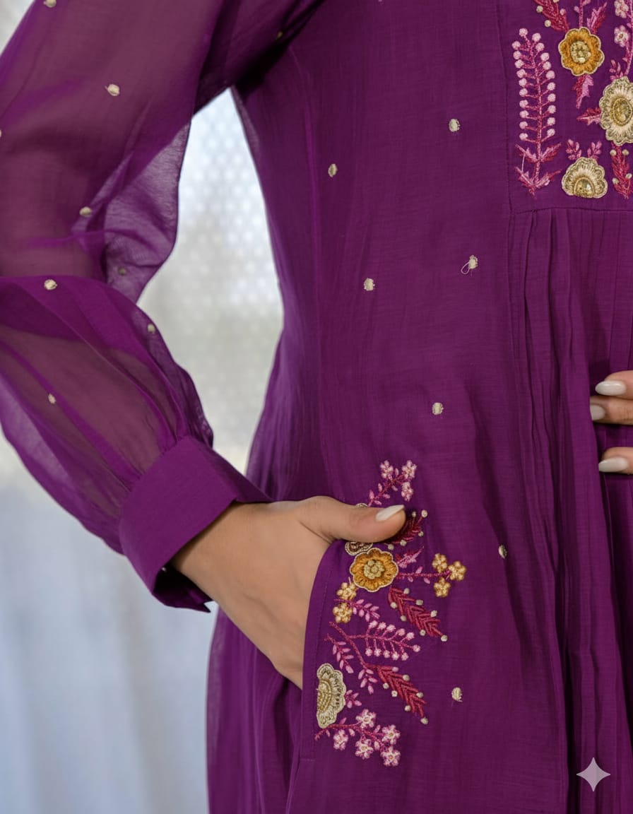 Zariya Purple Embroidered Anarkali Cotton Suit Set