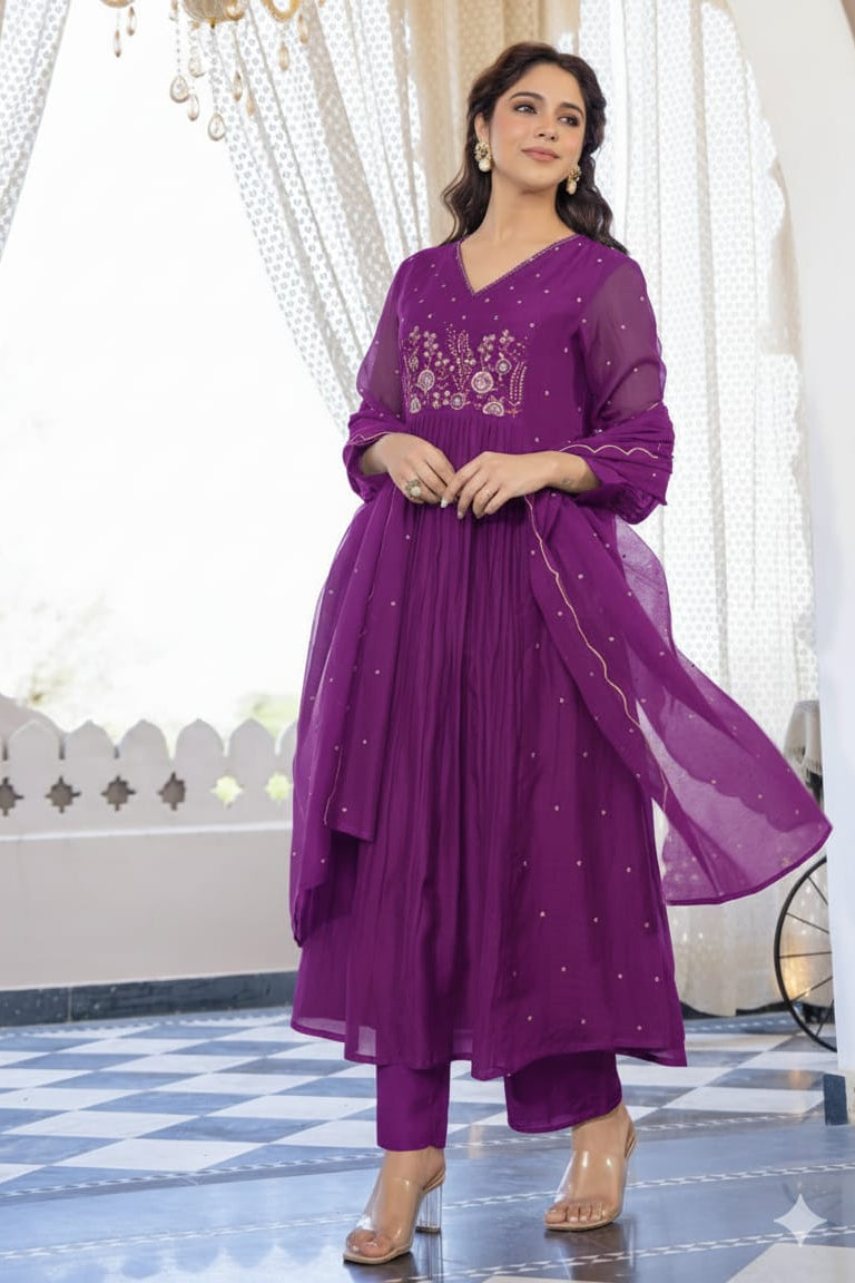 Zariya Purple Embroidered Anarkali Cotton Suit Set