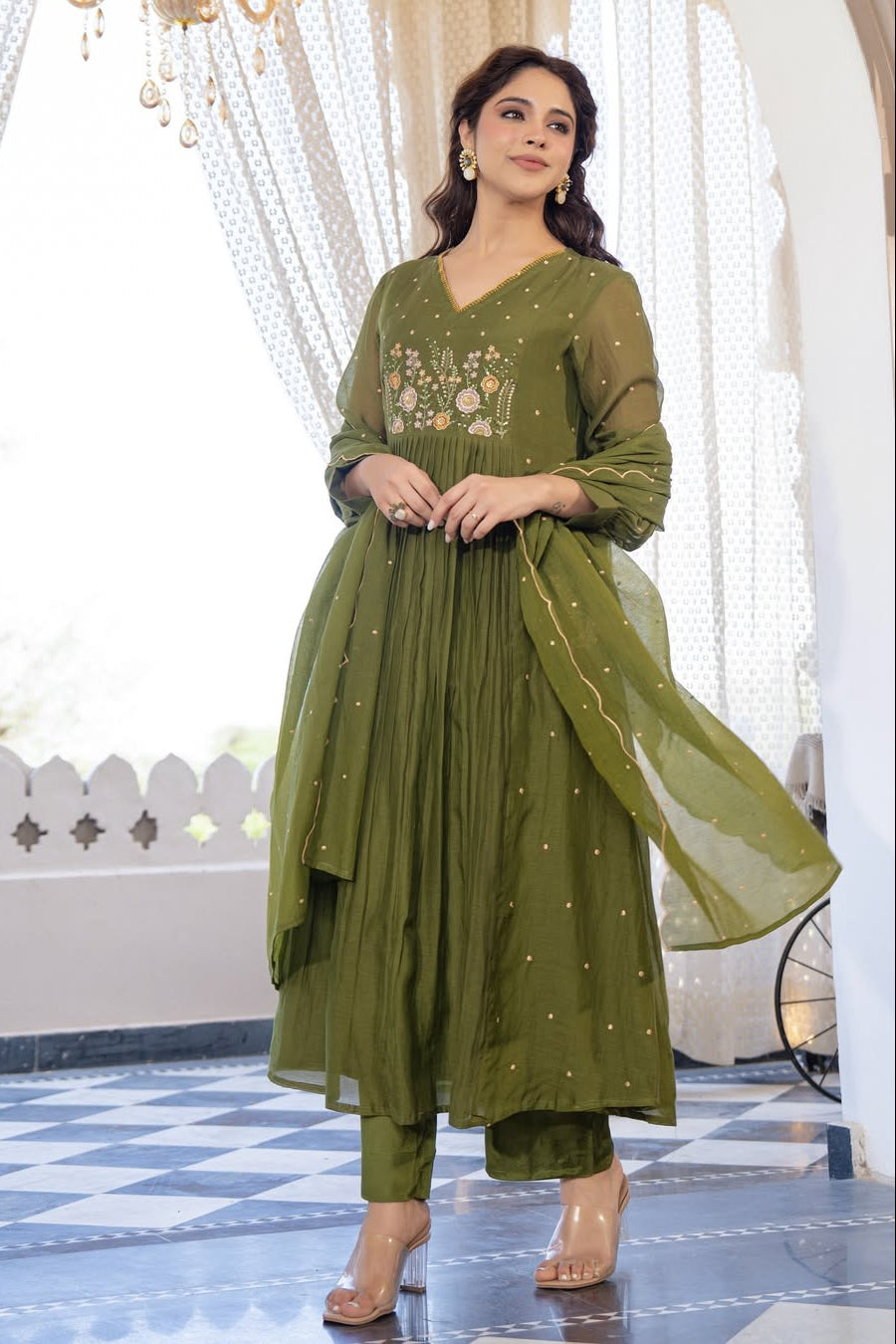 Zariya Mehendi Embroidered Anarkali Cotton Suit Set