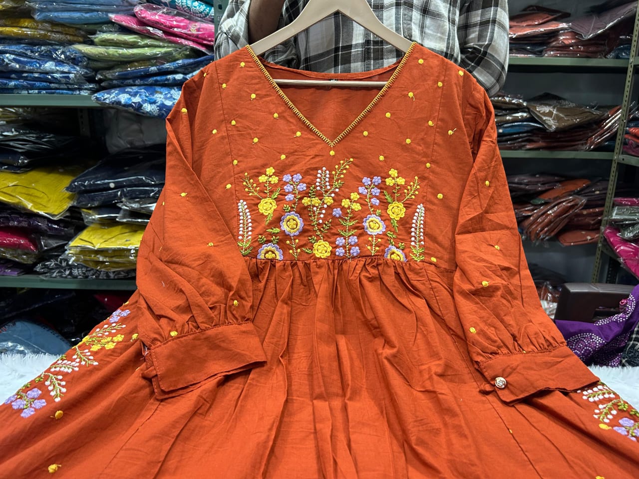 Zariya orange Embroidered Anarkali Cotton Suit Set