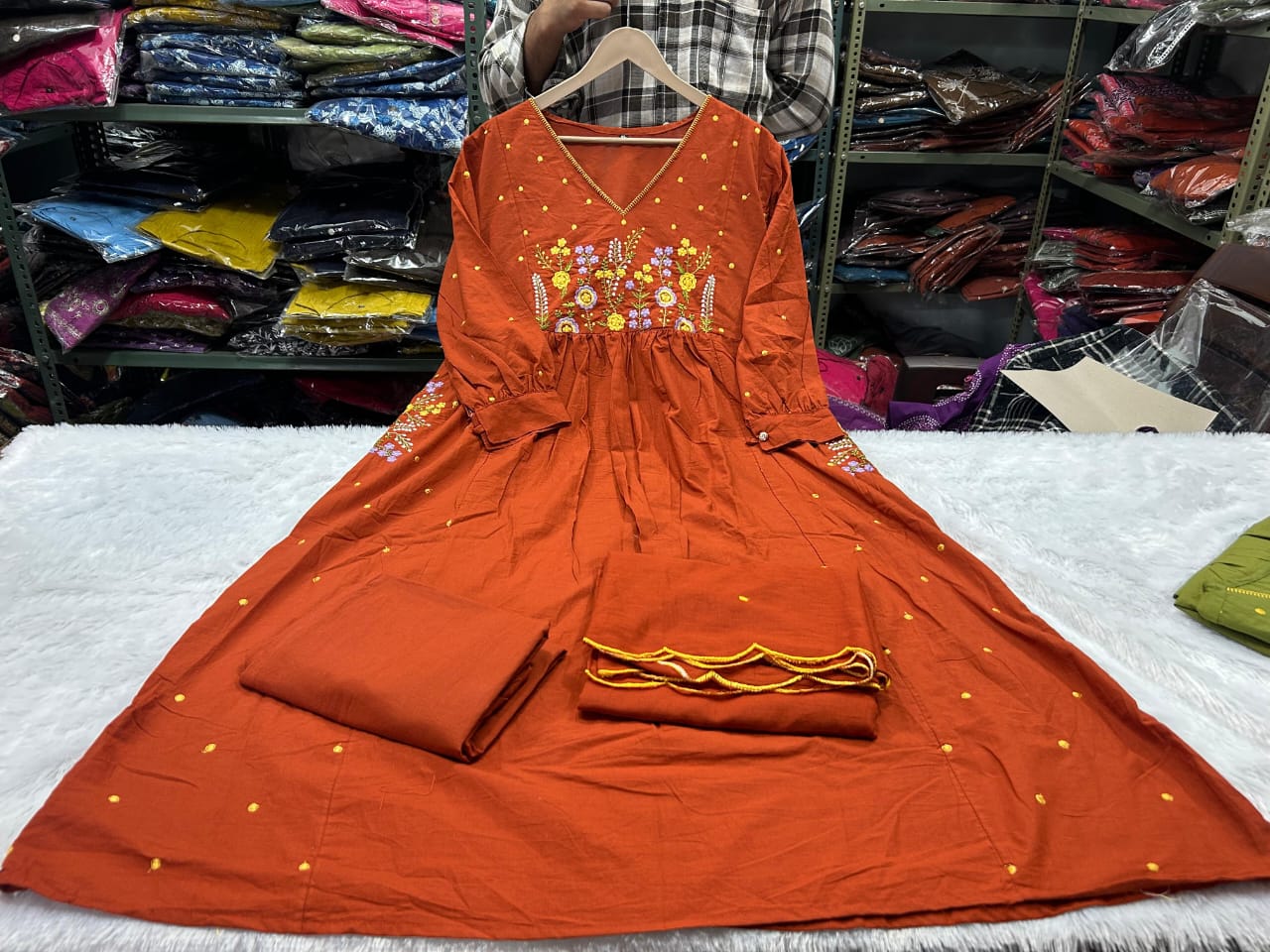 Zariya orange Embroidered Anarkali Cotton Suit Set