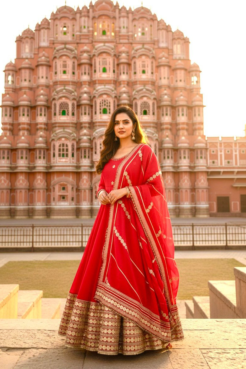 Agniraaj Chinon Silk Anarkali Set