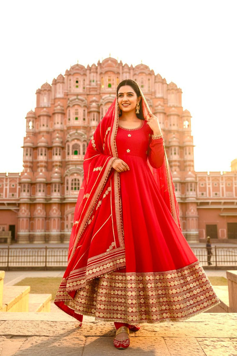 Agniraaj Chinon Silk Anarkali Set