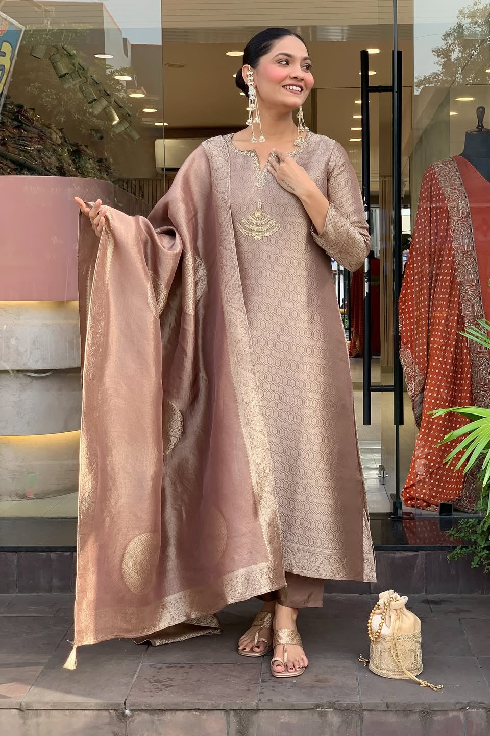 New Launch Kaalika Zari Weave Glass Tissue Suit Set