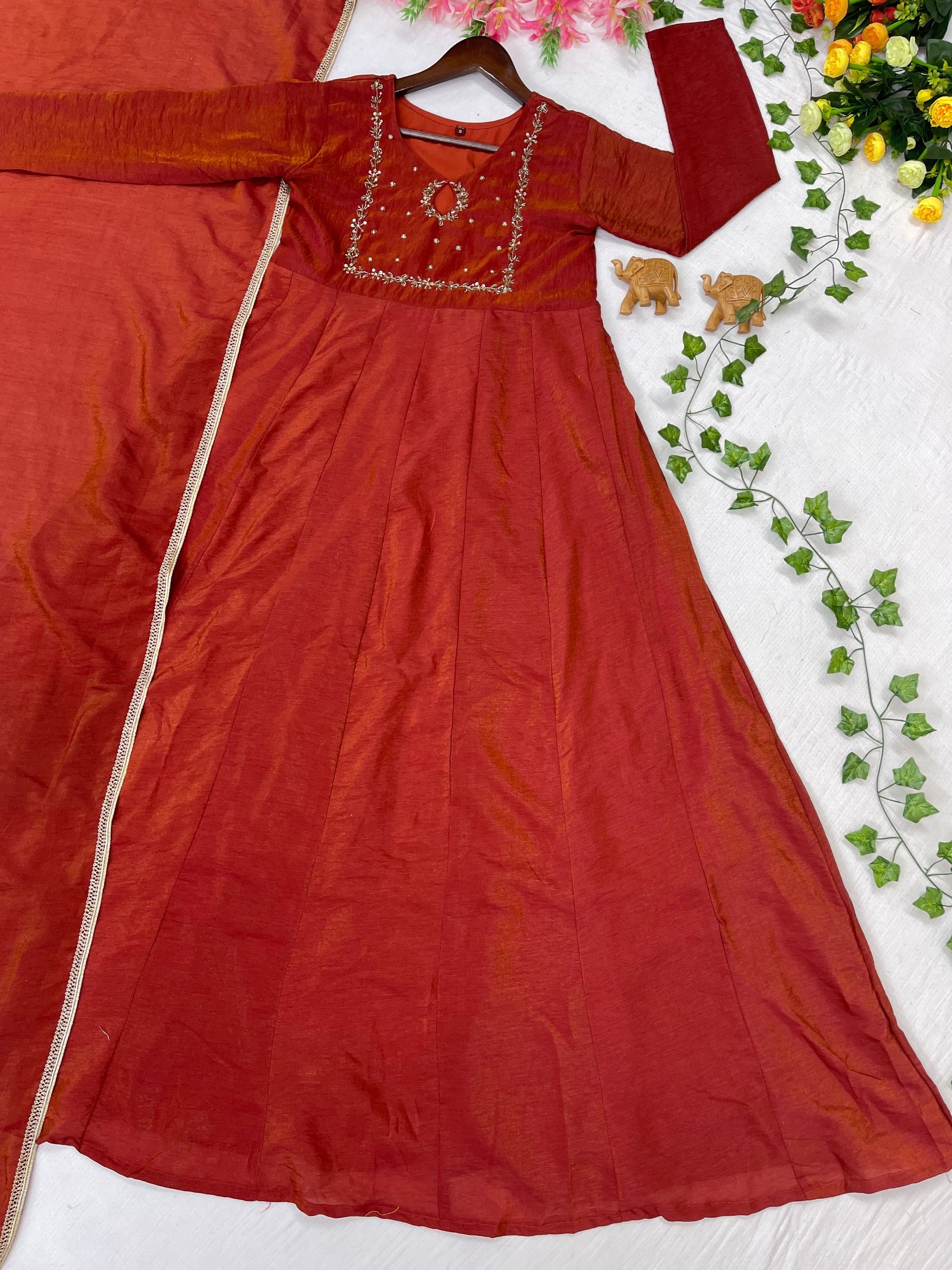 Dark Orange Khatli Vichitra Silk Gown Set