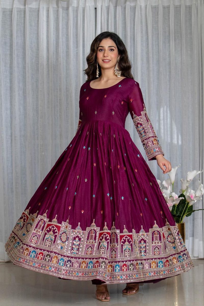 Royal Chinon Silk Embroidered Gown Set-Wine
