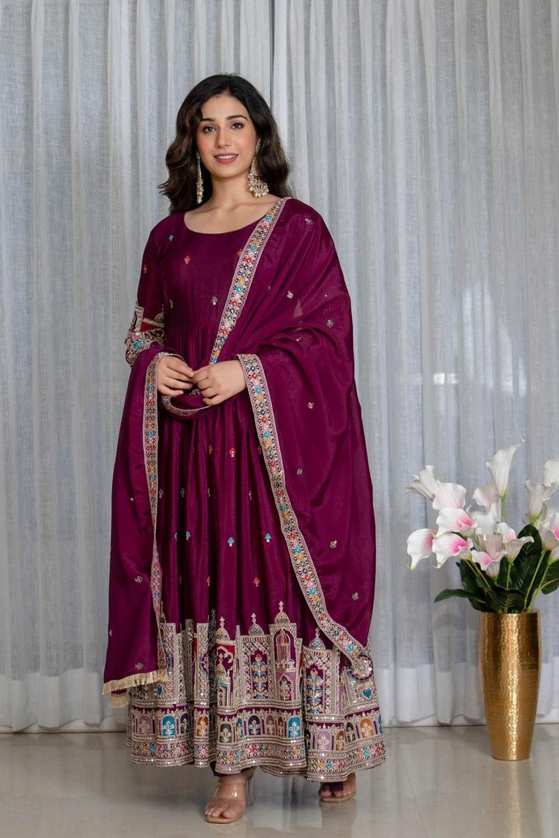 Royal Chinon Silk Embroidered Gown Set-Wine