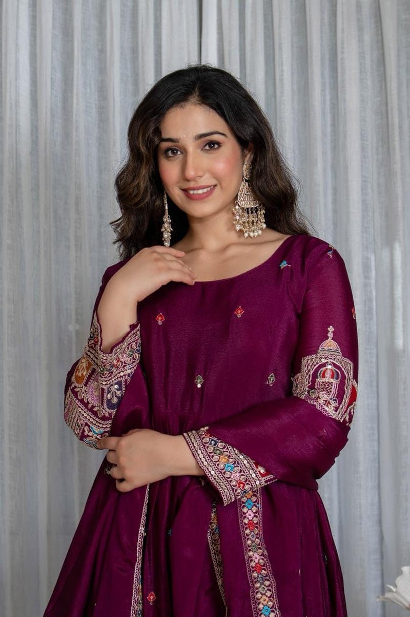 Royal Chinon Silk Embroidered Gown Set-Wine
