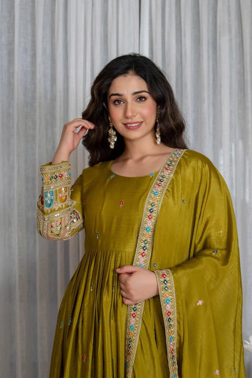 Royal Chinon Silk Embroidered Gown Set-Mehendi