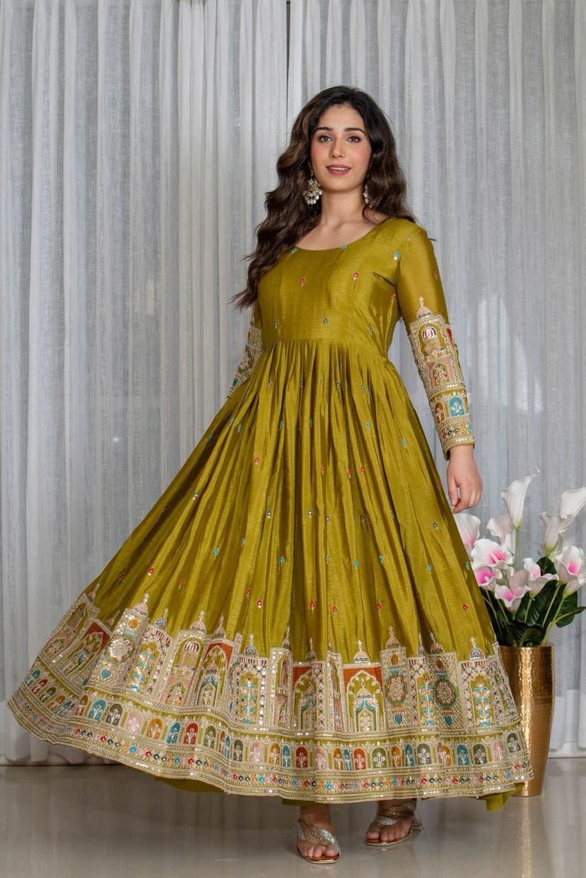 Royal Chinon Silk Embroidered Gown Set-Mehendi