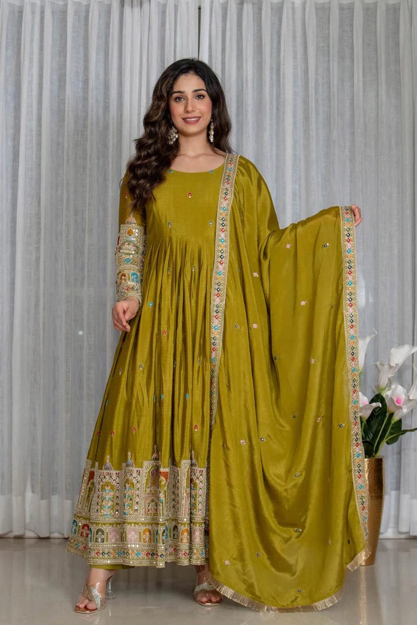 Royal Chinon Silk Embroidered Gown Set-Mehendi