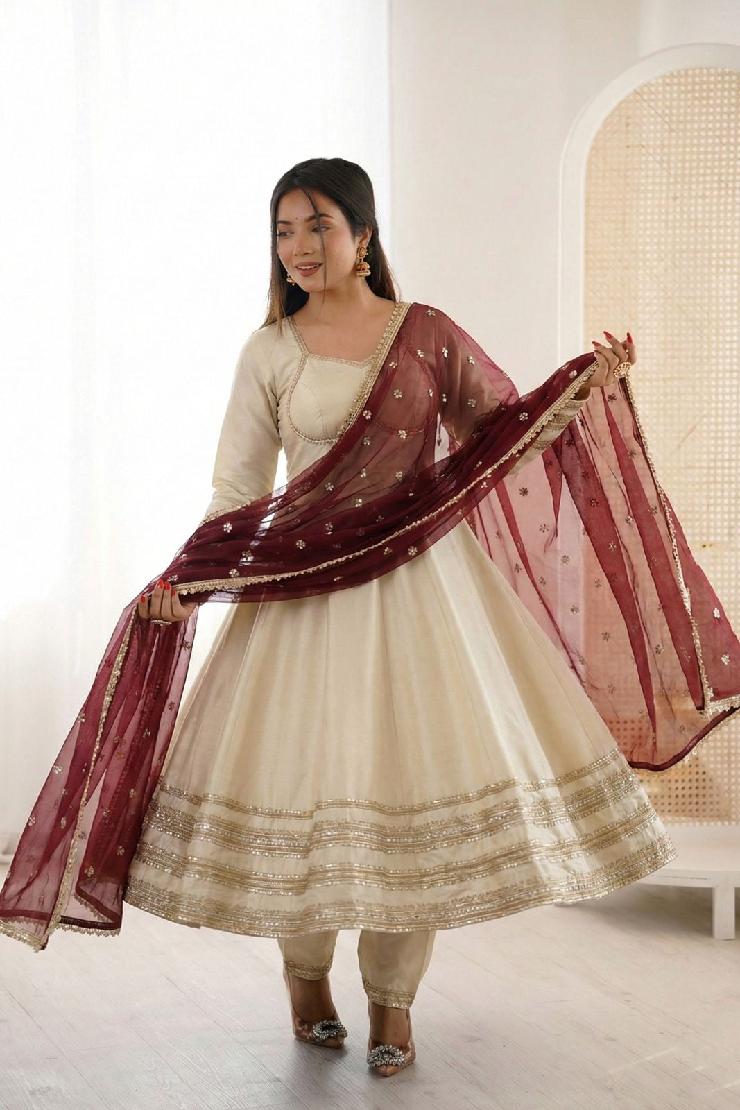 Shwetika Heavy Lace Anarkali Set – Beige
