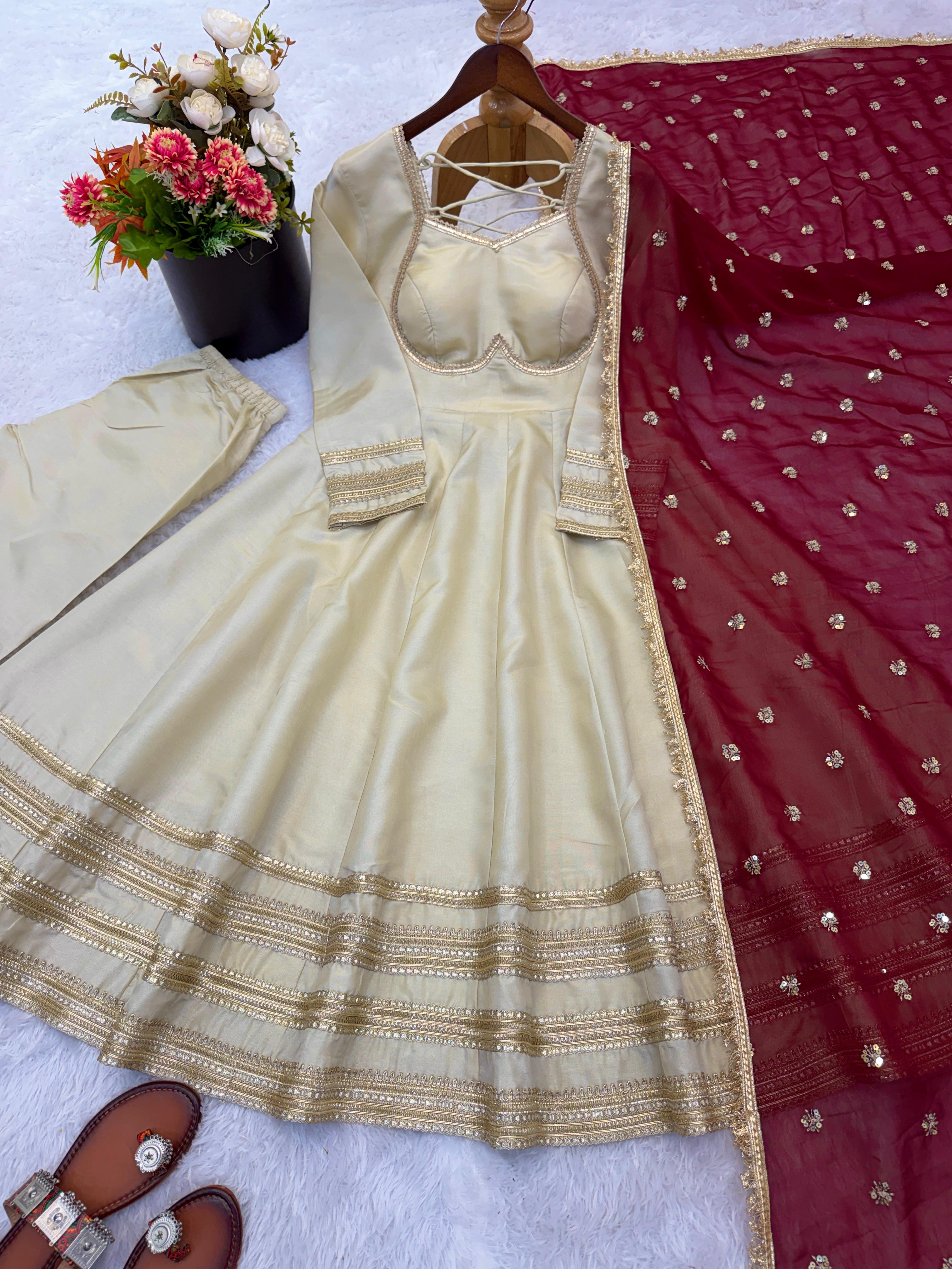 Shwetika Heavy Lace Anarkali Set – Beige