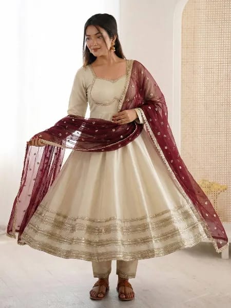 Shwetika Heavy Lace Anarkali Set – Beige