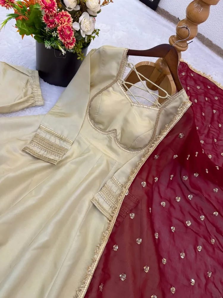 Shwetika Heavy Lace Anarkali Set – Beige