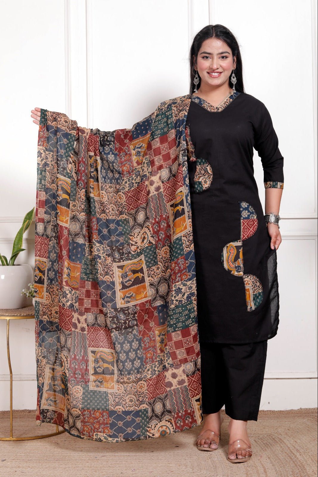 Kaashika Patchwork Cotton Kurta Pant Dupatta Set