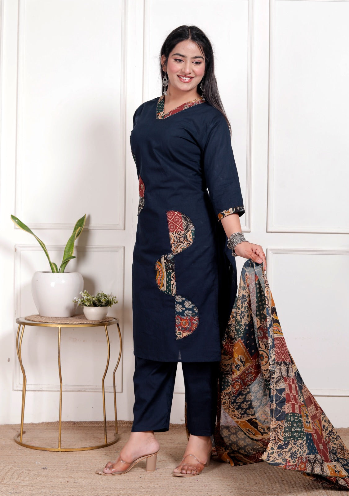 Kaashika Patchwork Cotton Kurta Pant Dupatta Set