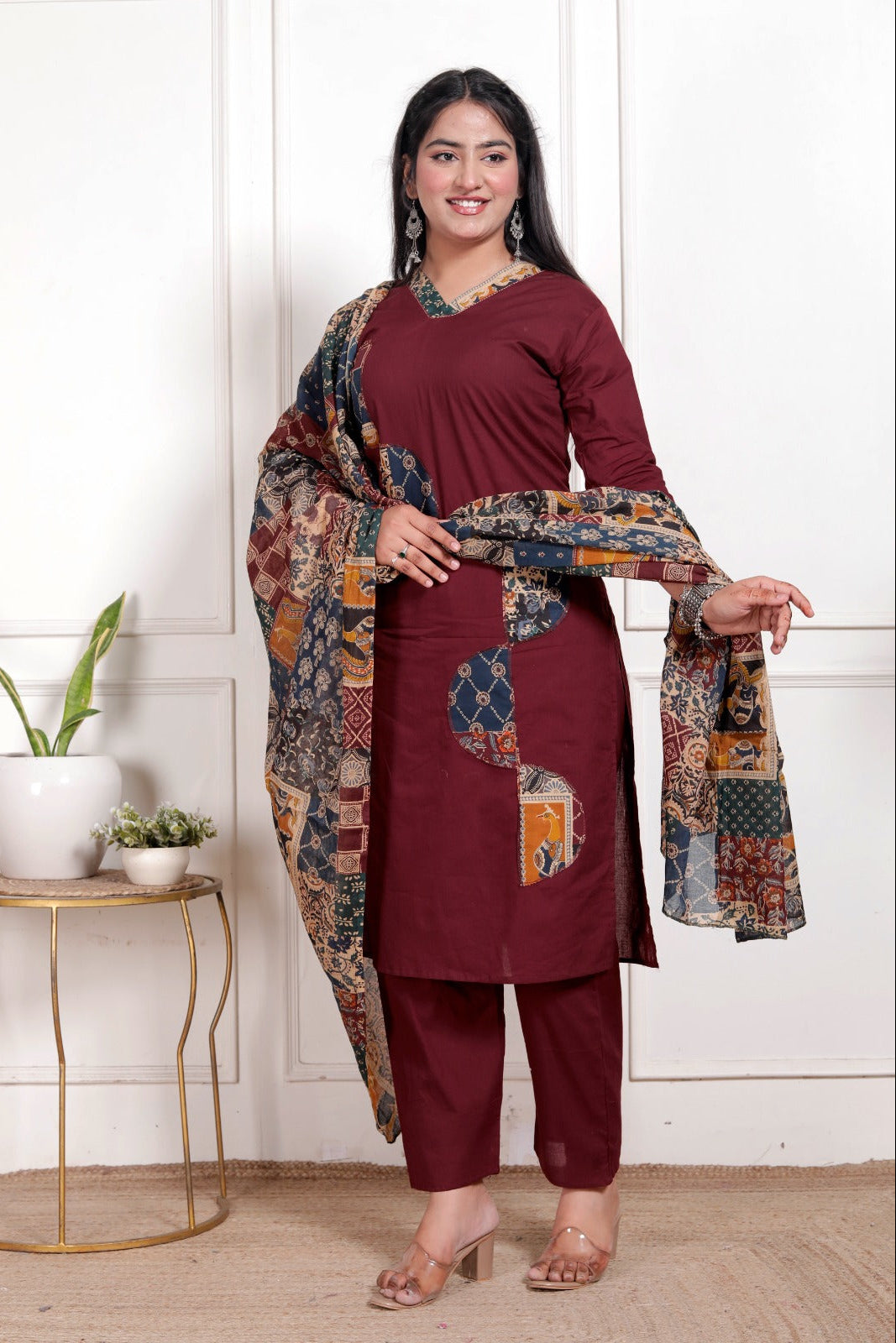 Kaashika Patchwork Cotton Kurta Pant Dupatta Set