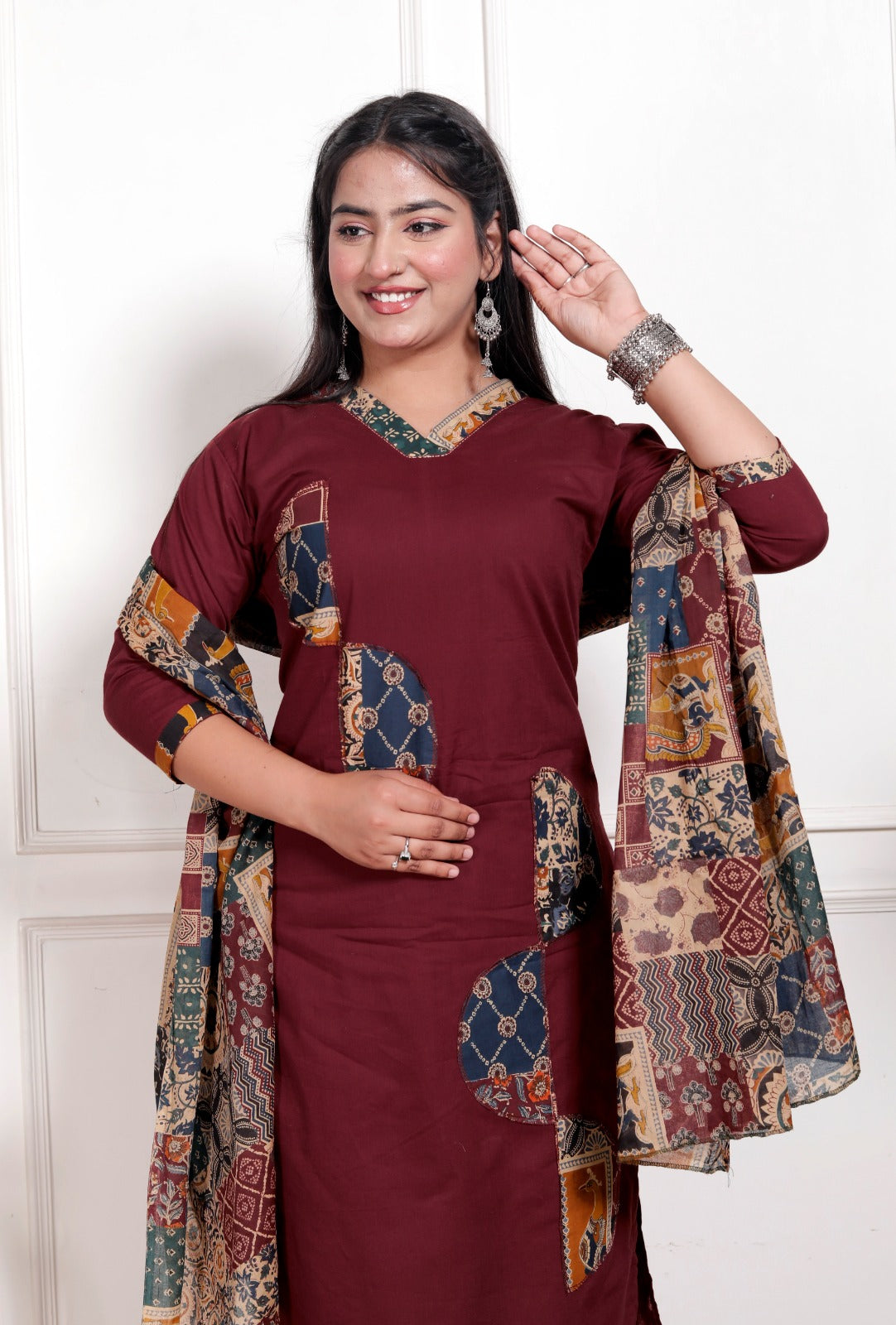 Kaashika Patchwork Cotton Kurta Pant Dupatta Set