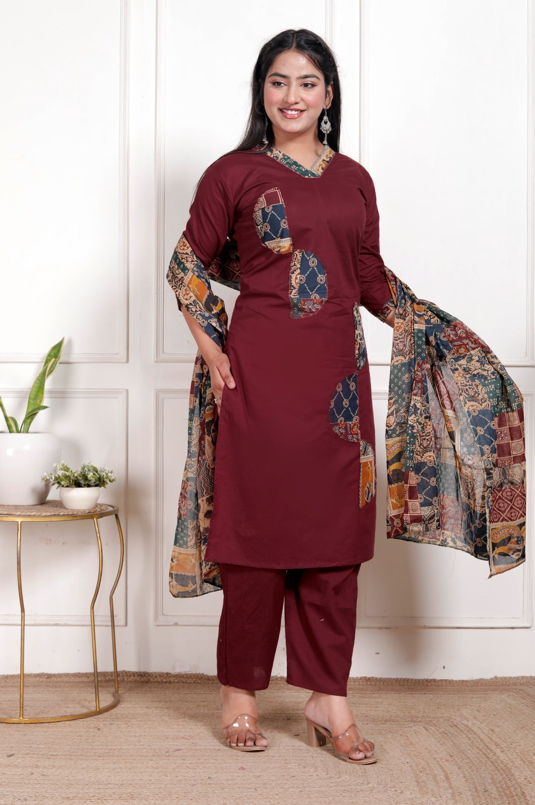Kaashika Patchwork Cotton Kurta Pant Dupatta Set