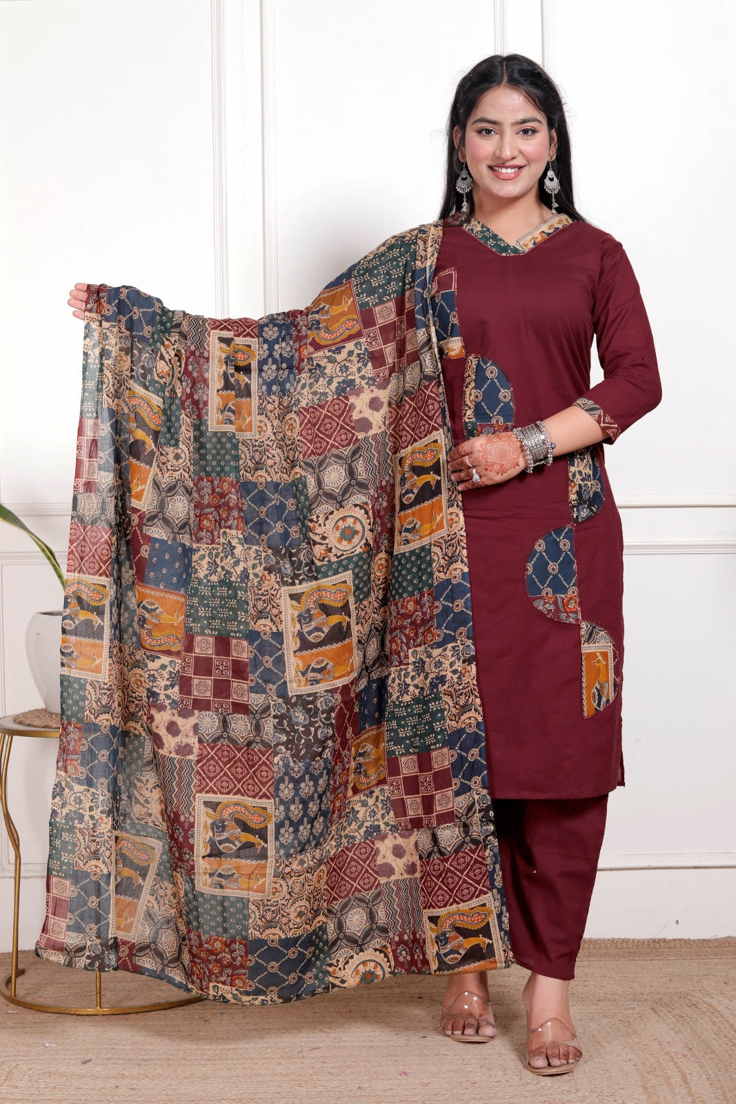 Kaashika Patchwork Cotton Kurta Pant Dupatta Set