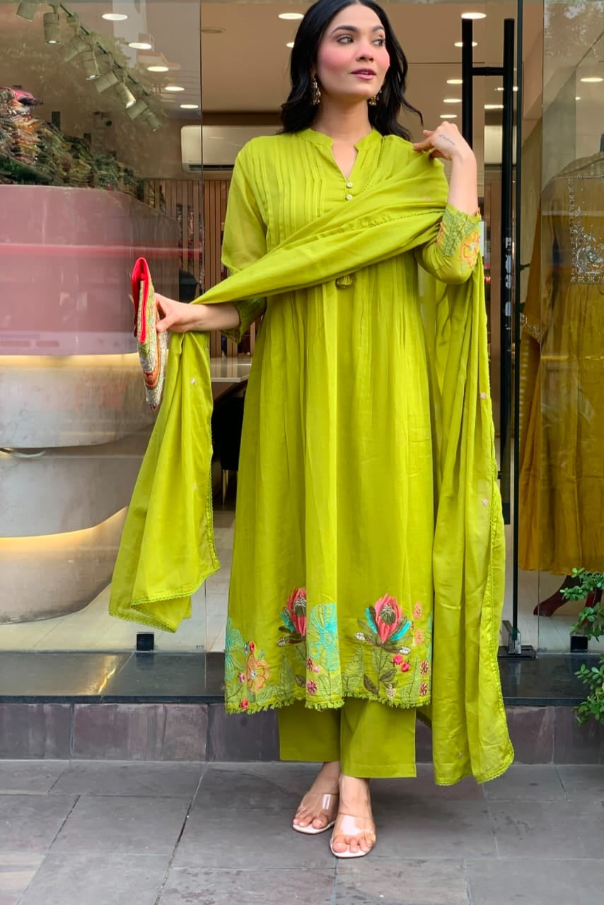 Pure Cotton Embroidered Kurti Pant Dupatta Sets