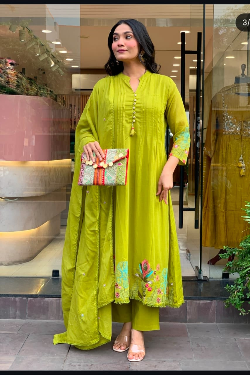 Pure Cotton Embroidered Kurti Pant Dupatta Set