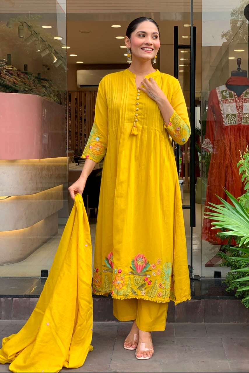 Pure Cotton Embroidered Kurti Pant Dupatta Sets