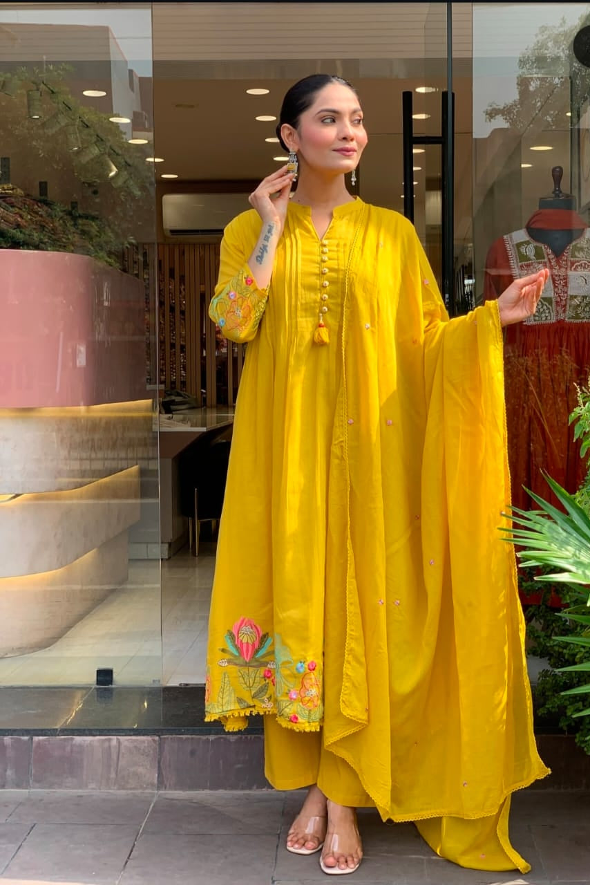 Pure Cotton Embroidered Kurti Pant Dupatta Sets