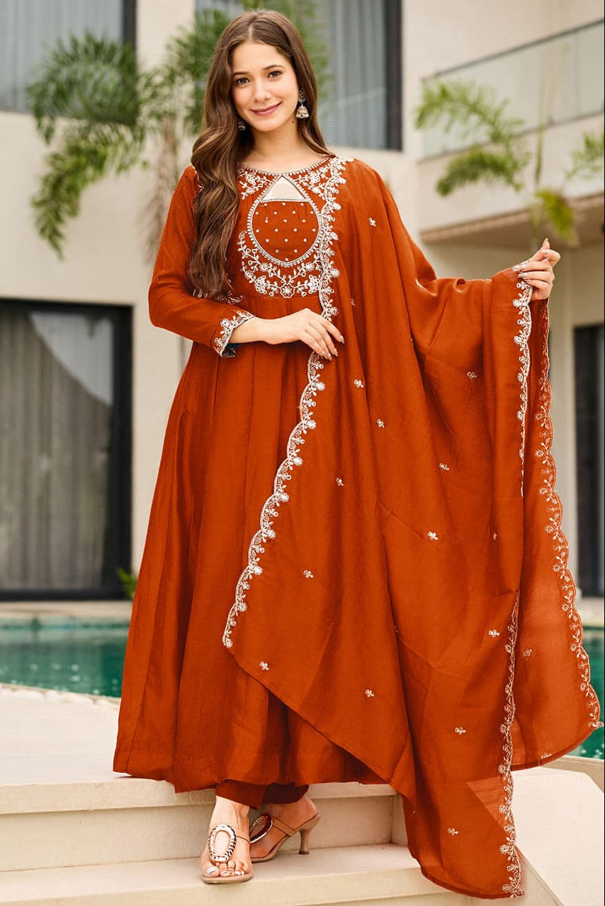 Agnira Vichitra Silk Embroidered Kurti Pant Dupatta Set