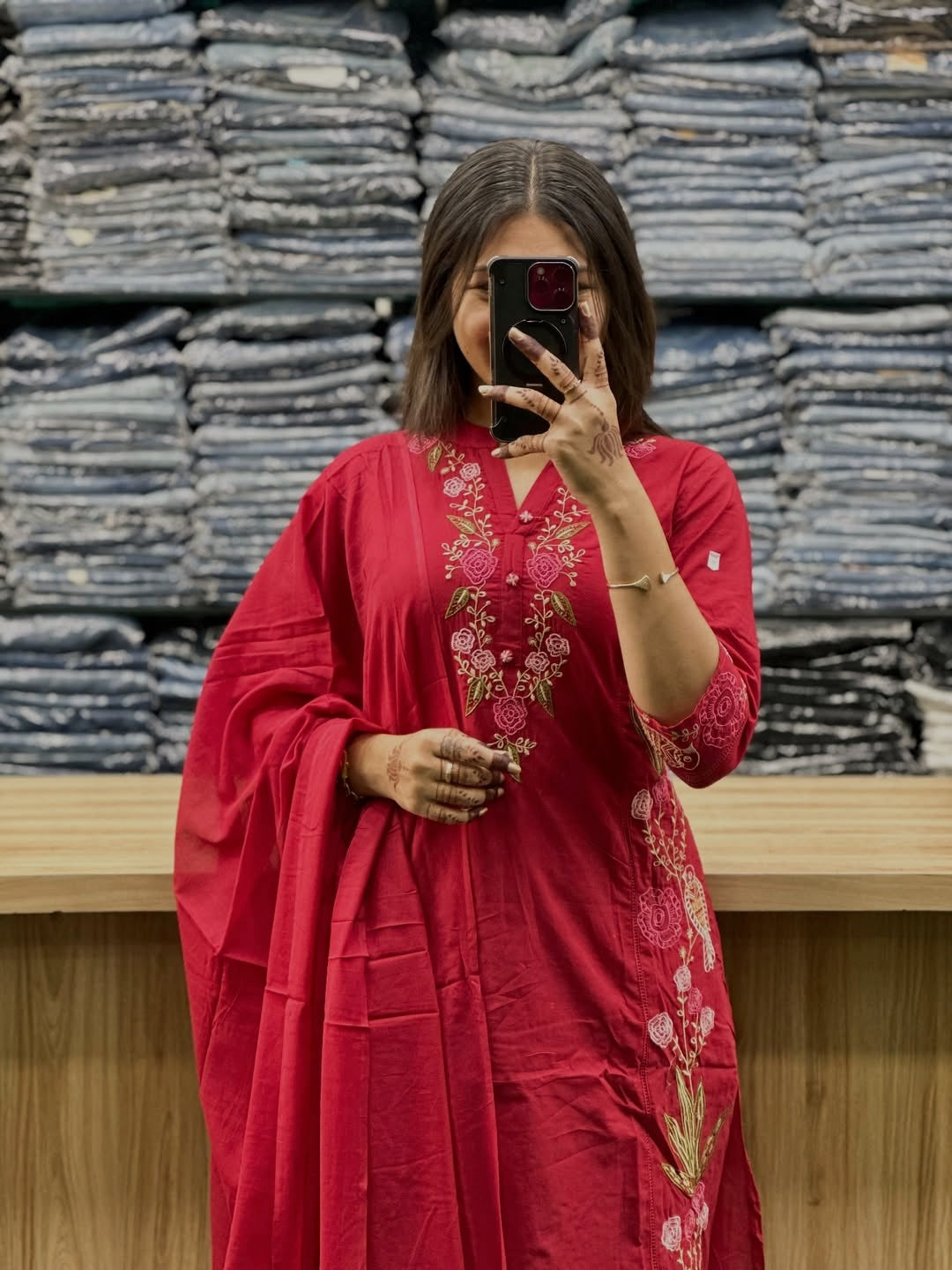 Pure Cotton Embroidered Kurti Pant Dupatta Set