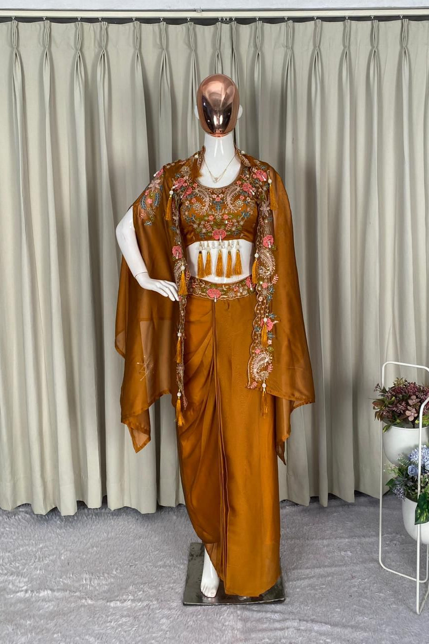 Gulnaar Mustard Gold Indo-Western Shrug Dhoti Set