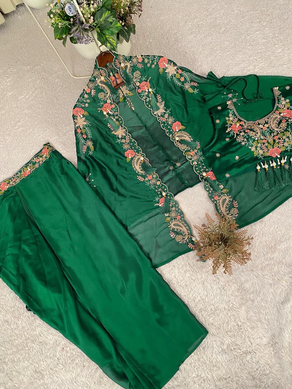 Gulnaar Green Indo-Western Shrug Dhoti Set