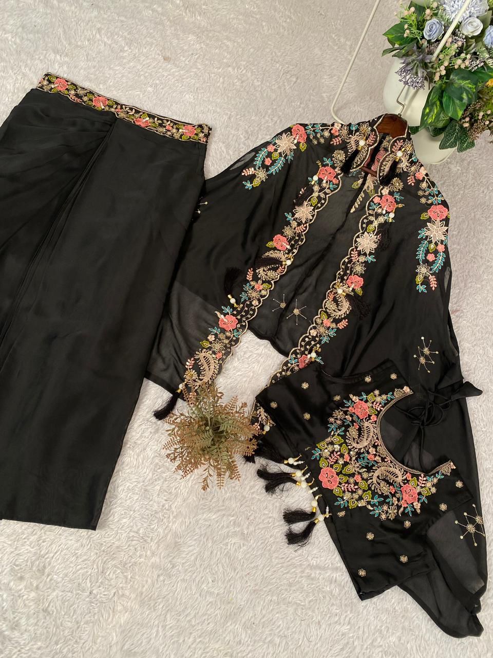 Gulnaar Black Indo-Western Shrug Dhoti Set