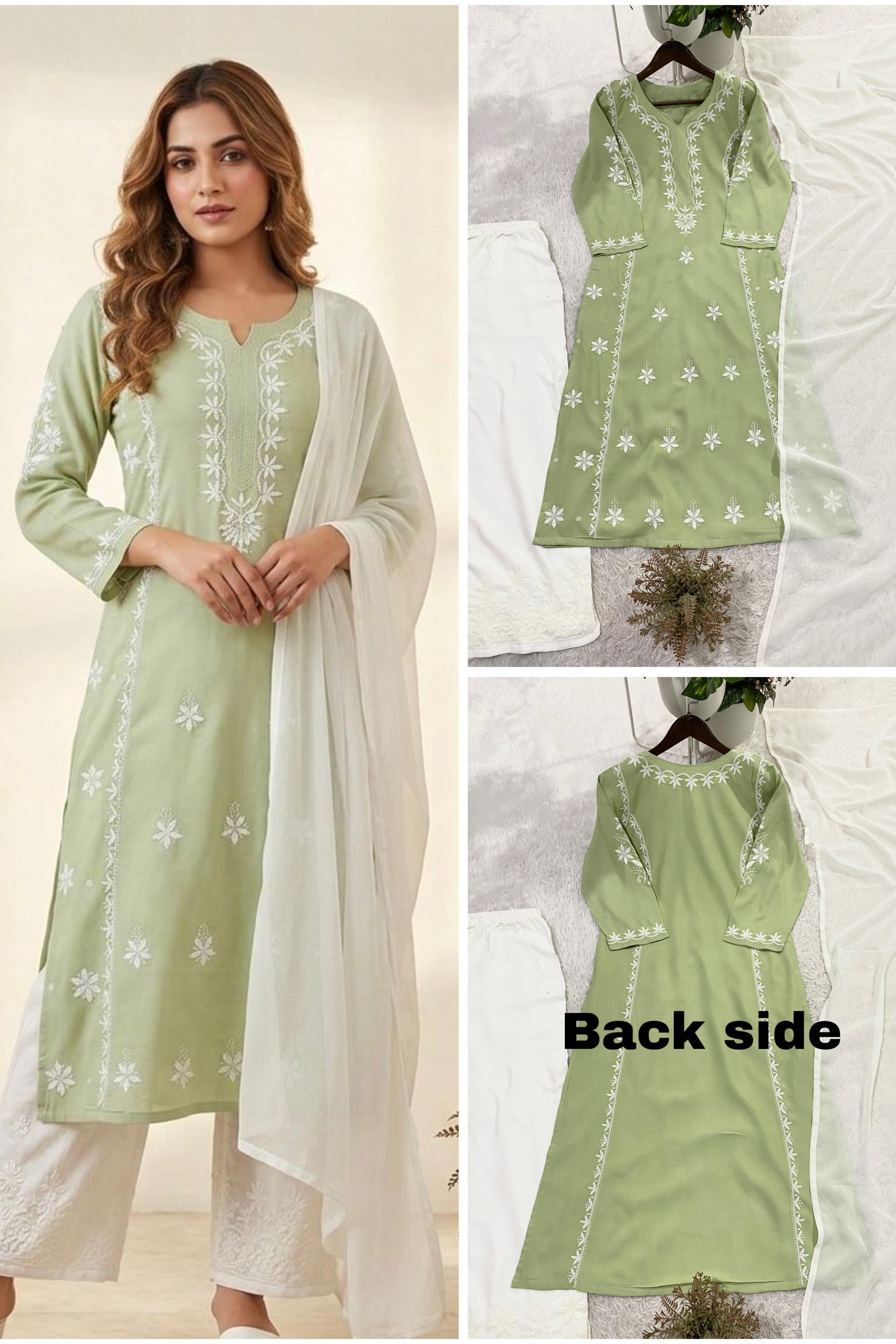 Pistaara Rayon Embroidered Palazzo Suit Set