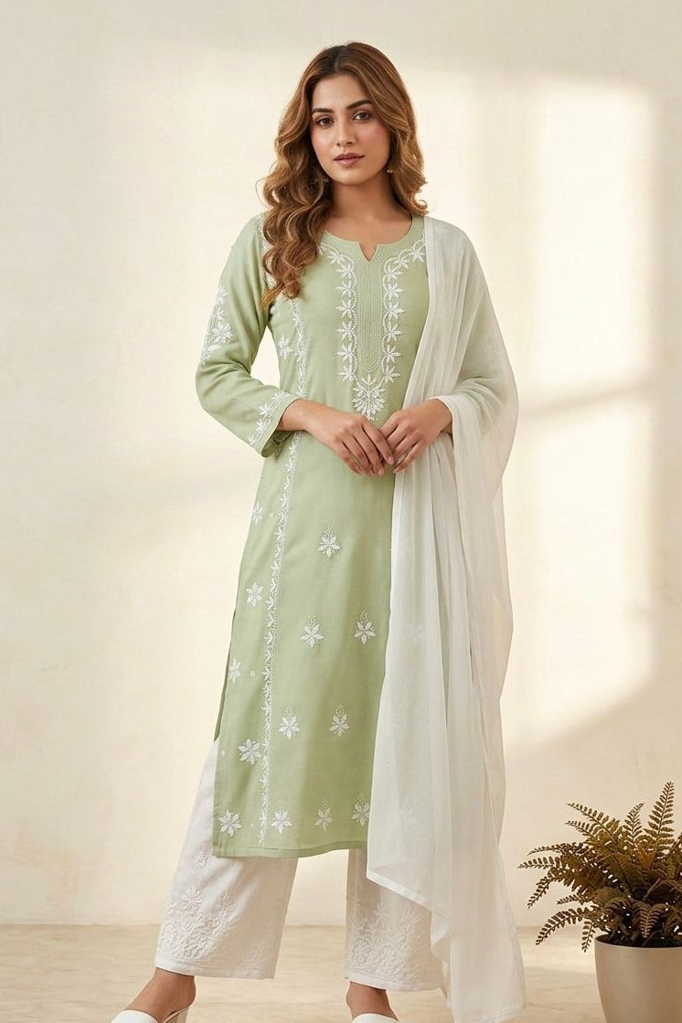 Pistaara Rayon Embroidered Palazzo Suit Set