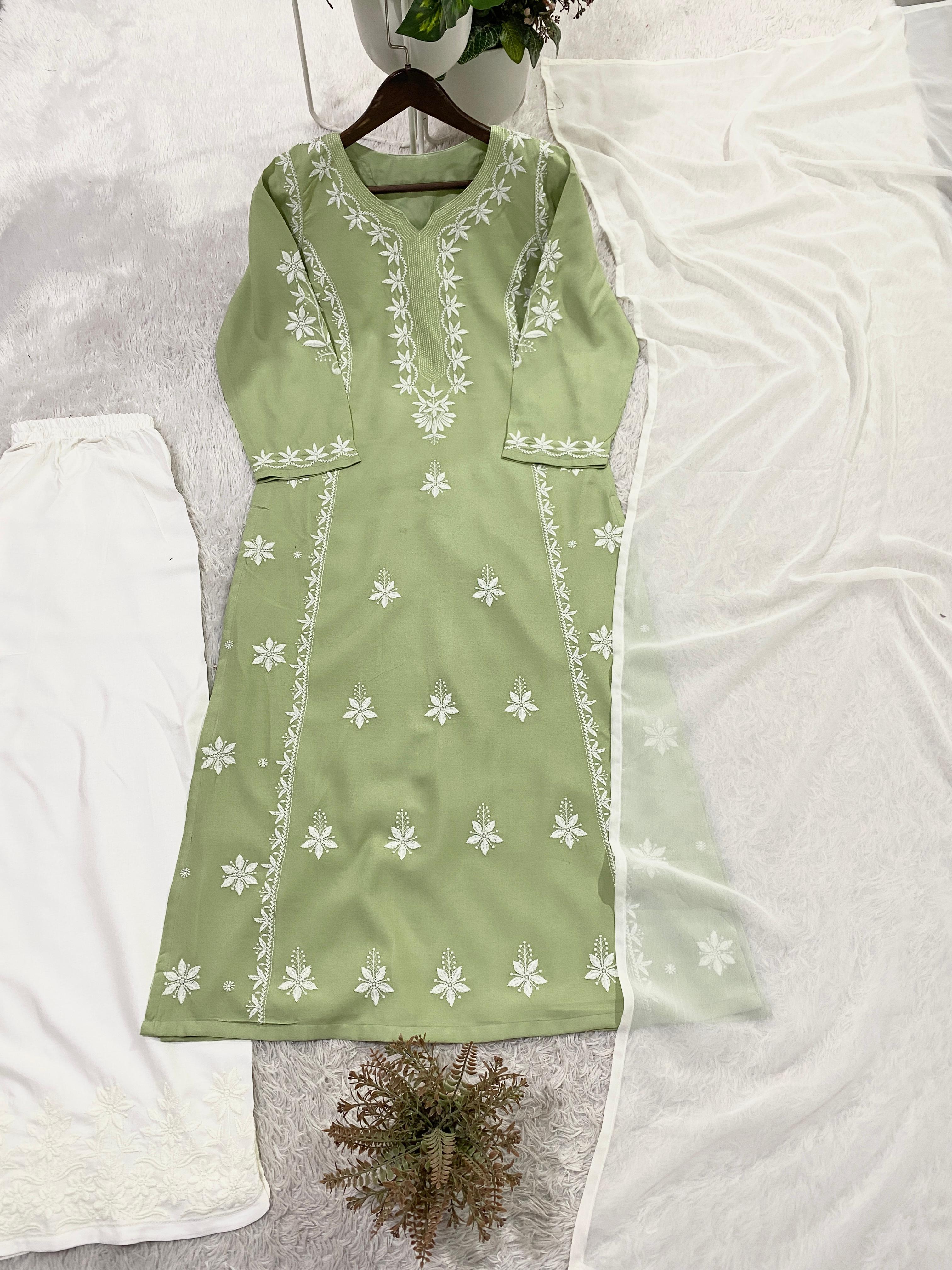 Pistaara Rayon Embroidered Palazzo Suit Set