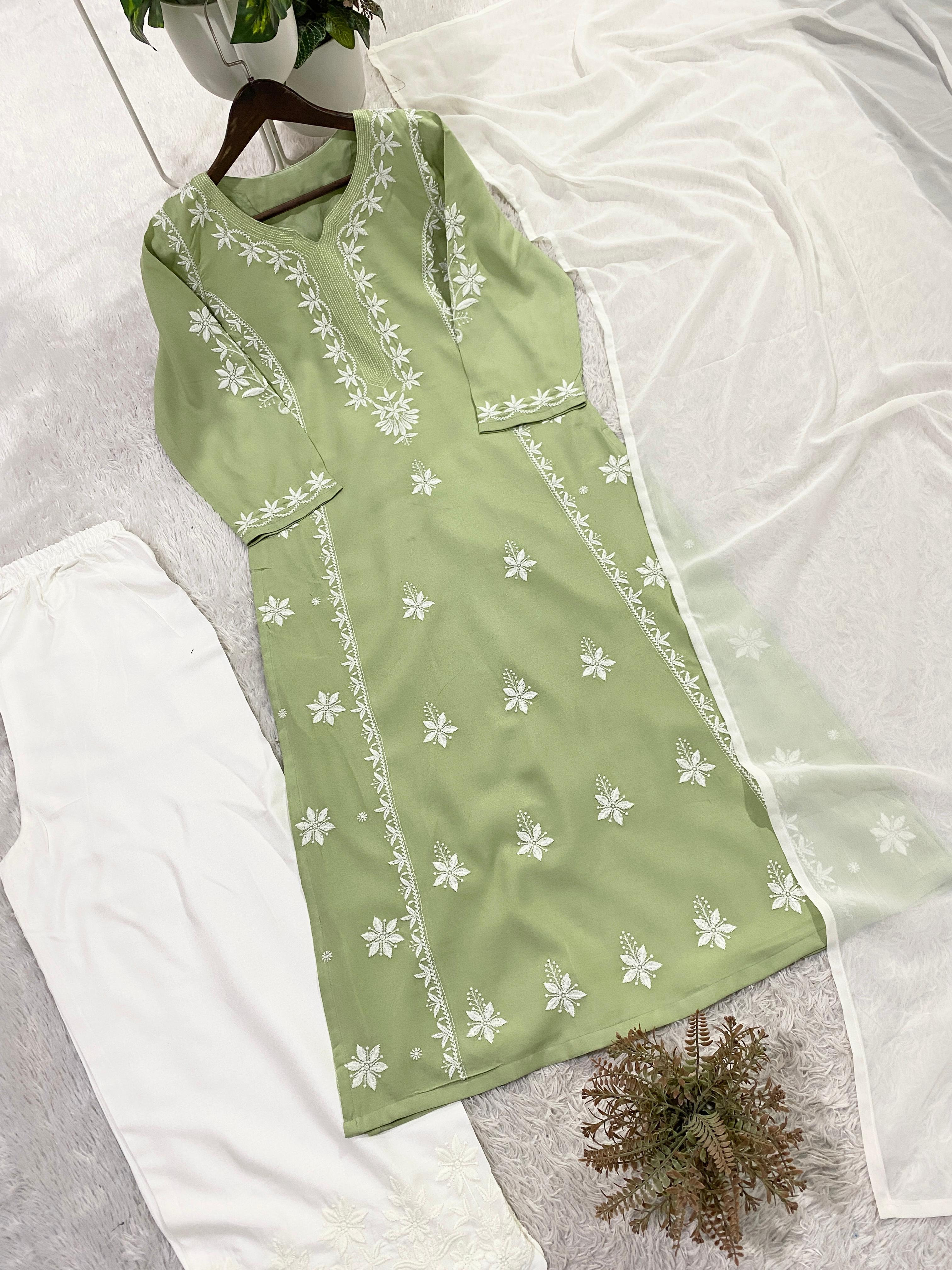 Pistaara Rayon Embroidered Palazzo Suit Set